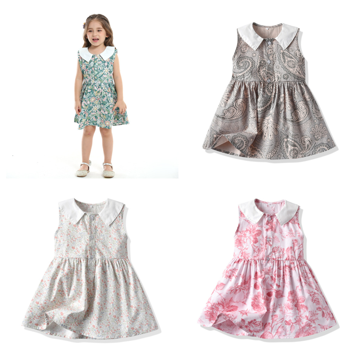 Vestido de niña impresa de verano 2025 vestido de princesa coreano para niños sin mangas flores con solapa de comercio exterior transfronterizo vestido infantil