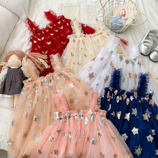 Foreign Trade Sequin Children's Skirt Summer Suspender Girl Dress Star Embroidered Gauze Skirt Children's Dress Princess Dress Wholesale