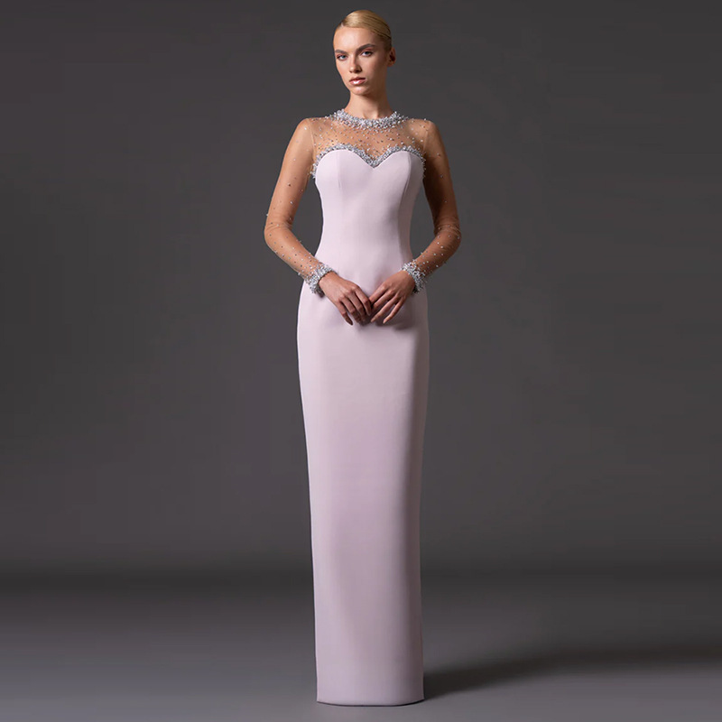 European and American Style Long Evening Gown 2026 New Model with Mesh Patchwork, Heavy Beading, and Rhinestone Embellishments in Pink European and American Style Long Evening Gown 2026 New Model with Mesh Patchwork, Heavy Beading, and Rhinestone Embellishments in Pink