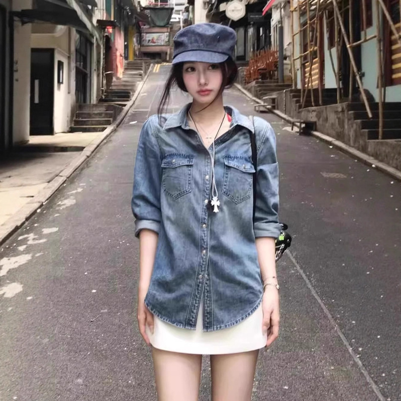 Hong Kong Style Fashion Retro Washed Denim Shirt Women's Long-Sleeved Spring & Fall Loose, Light and Soft Classic Shirt Jacket