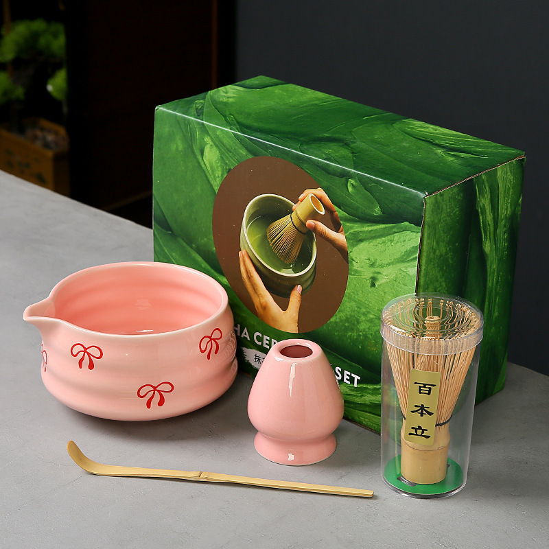 跨境抹茶碗套装樱桃蝴蝶结心形图案花纸陶瓷百本立茶筅点茶系列|undefined