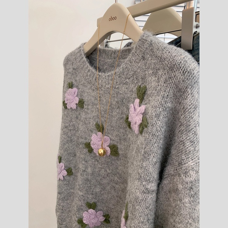 Collar redondo gris flor tridimensional bordado jersey jersey suéter de diseño para mujeres nicho suelto blusa delgada image 5
