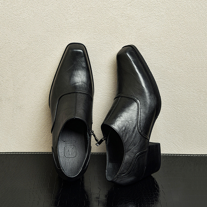 One-piece delivery original 5cm high heel square toe leather shoes men's first layer cowhide hand grip pattern formal wear height increasing Derby shoes