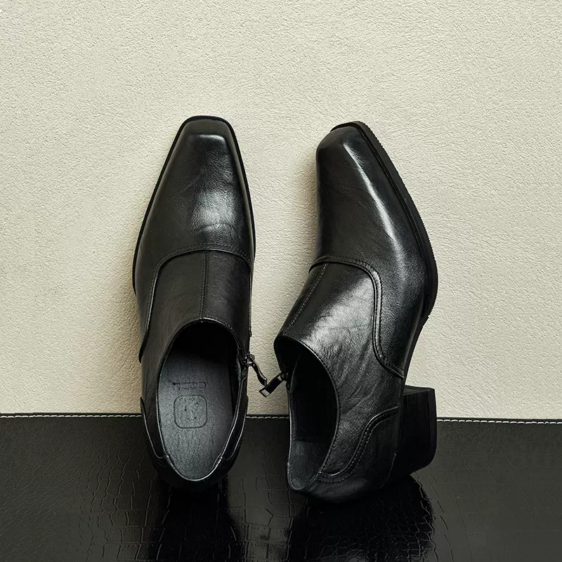 一件代发原创5cm高跟方头皮鞋男士头层牛皮手抓纹正装增高德比鞋