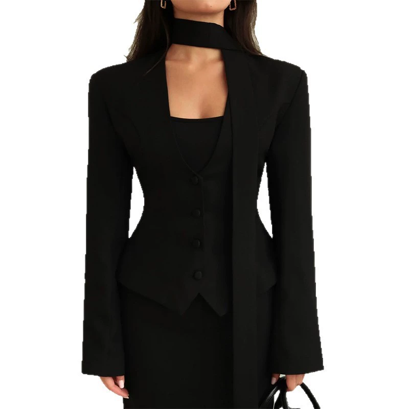 Women's V-neck Jacket with Long Scarf, European City Style, Long Sleeves (S–2XL)