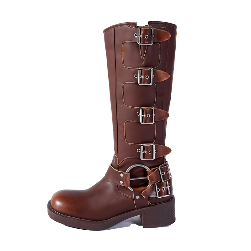 2023 Nouvelle botte de chevalier à tête carrée avec boucle de ceinture en métal à manches hautes pour femmes Asigo Same Western Cowboy_voghion.com