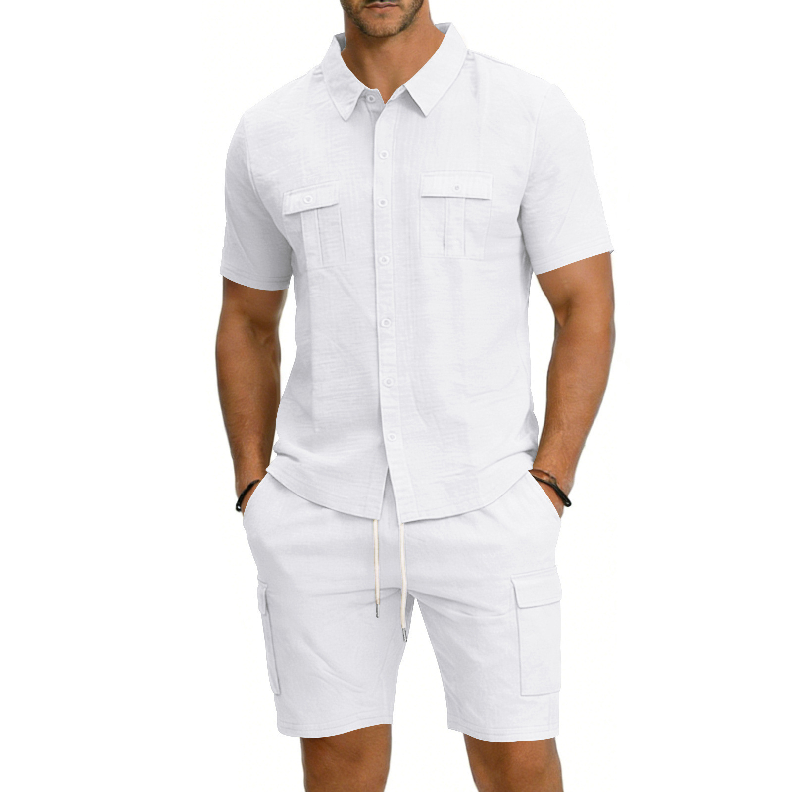 Men's Summer Linen Shirt And Work Shorts Set Casual Sports Outdoor Loose Fit Short Sleeved Collared Suit_viptrois.com
