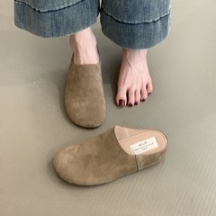 牛革版! 厚い底の布のスリッパの女性のベルベットの春と秋の新型のレトロな坂と包頭の半分の靴