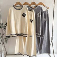 欧美跨境时尚毛织套装秋冬针织上衣+休闲运动阔腿裤针织两件套女