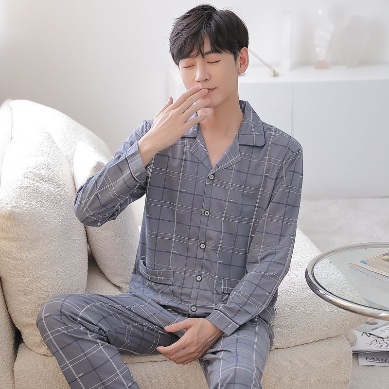 100% pijamas de algodón para hombres de verano de manga larga y corta para hombres delgados jóvenes y de mediana edad más el tamaño de primavera y otoño traje de uso en el hogar