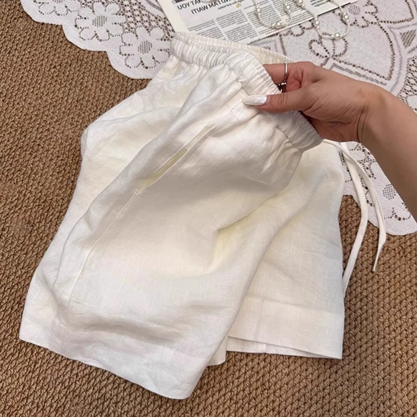White Linen Shorts for Women 2025 New Summer Thin High-Waist Slim Linen Cotton Linen A-Line Wide-Leg Pants Five-Quarter Pants
