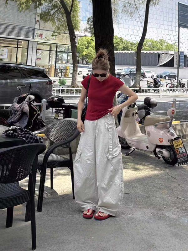 美式2025早秋斜口袋洋气减龄弯刀工装裤女宽松显瘦高街阔腿休闲裤|undefined