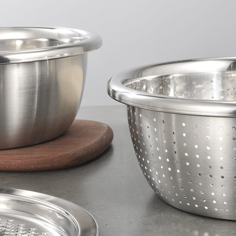 Cuenco multifuncional de acero inoxidable engrosado para lavar verduras, cesta de drenaje, tazón para cortar, utensilio de cocina, colador, tamiz para arroz, juego de tres piezas.