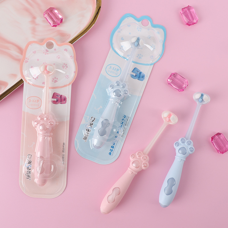 Cepillo de dientes de lana suave de dibujos animados de tres lados, garras de gato, cepillo de dientes para niños, niños y niñas lindos, limpieza bucal del bebé, protección de las encías, paquete individual