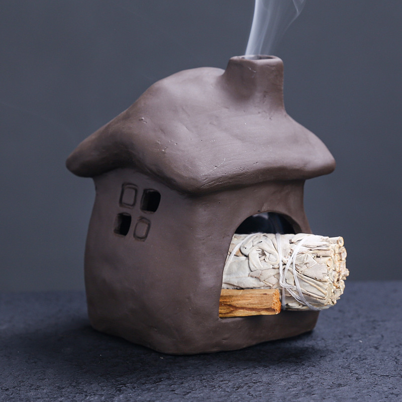 跨境陶瓷氛围感家居装饰品 鼠尾草秘鲁木祛味燃烧支架小壁炉房子|undefined