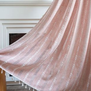 Yuman Qiyun Curtain Finished Light Orange Plain Stripe Embroidered Curtain Semi-Shaded Hollow Kitchen Living Room Window Curtain