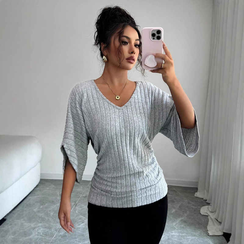 Cross-Border Autumn and Winter Women's Comfortable Casual V-Neck Ruffled Batwing Sleeve Solid Color Brushed Ribbed T-Shirt