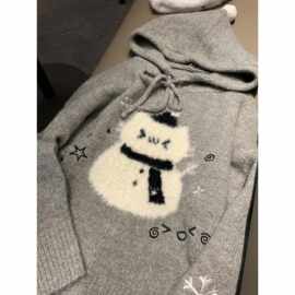 灰色卡通雪人提花连帽毛衣女秋冬圣诞新款慵懒针织衫上衣