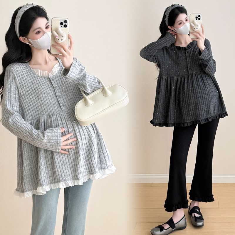 Maternity T-Shirt 2026 Spring New Fashion Trendy Mom Knitwear Elastic Belly-Covering Casual Maternity Top