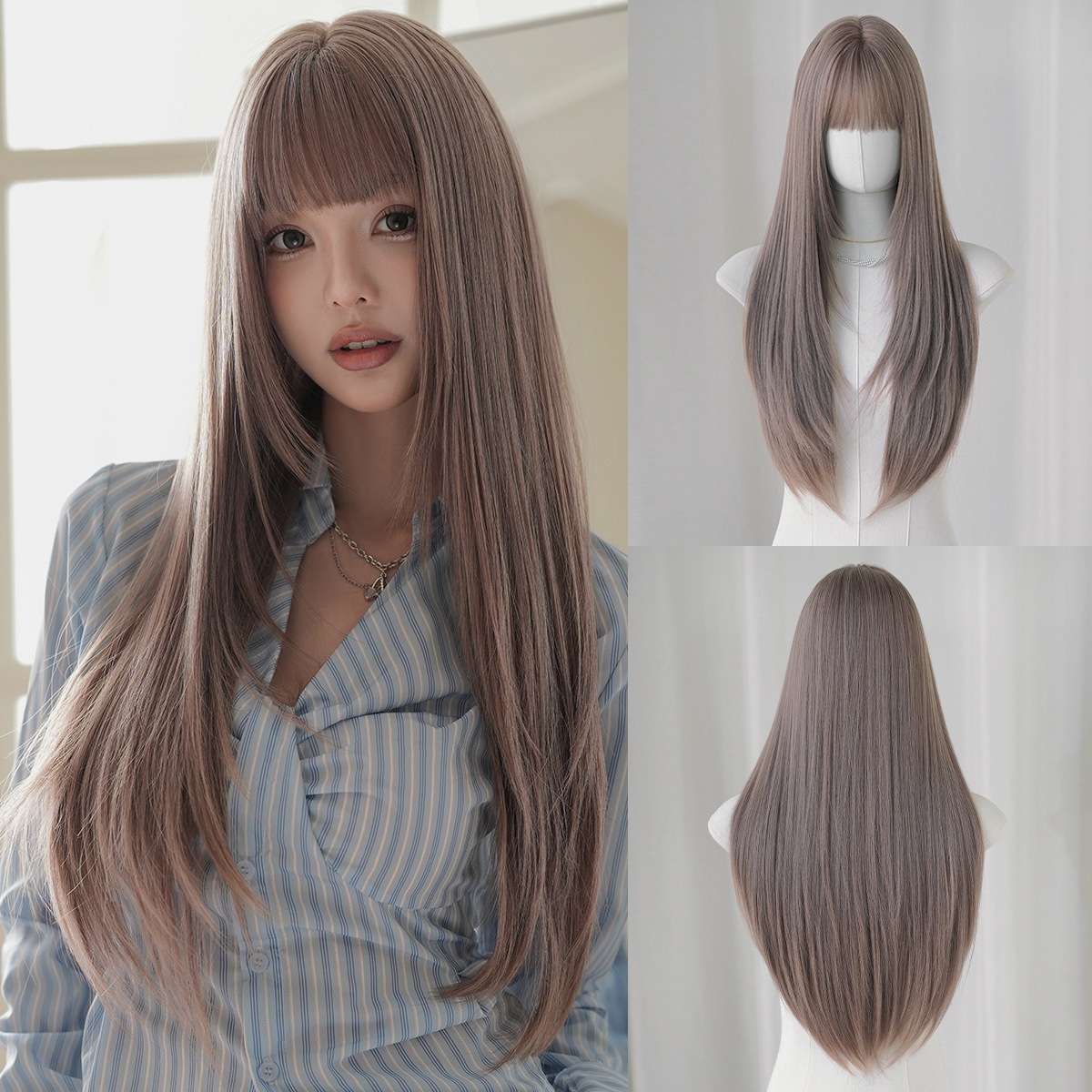 Peruca de moda femenina cara redonda capa de cabello recto super largo cabello negro completo peluca de alta calidad fibra química cubierta de cabeza