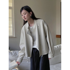 【歌铭】复古立领机车服夹克皮衣女装2025秋季新款宽松外套W733B