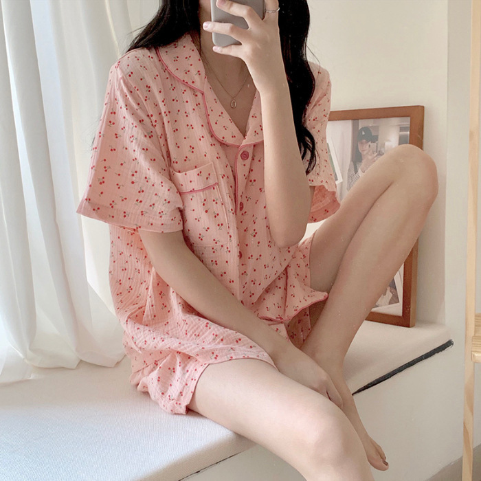 睡衣女夏季梭织泡泡棉皱布ins公主风可爱短袖夏天薄款家居服套装|undefined
