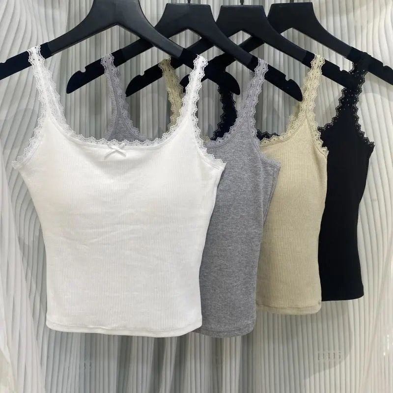 Lace Bowknot Beautiful Back Strap Padded Fixed Cup Vest Women's Early Autumn Thin Camisole Bra Top