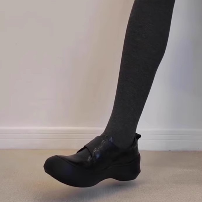 羊皮版~英伦风厚底魔术贴通勤乐福鞋女百搭黑色圆头真皮时尚单鞋|undefined