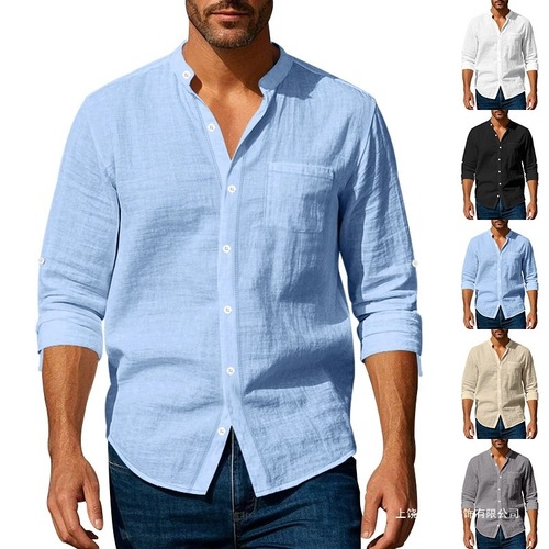 2025 Amazon Cross-border Spring and Autumn Linen Shirt Long Sleeve Stand Collar Breathable Casual Men's New Chinese Style Pockets Shirt