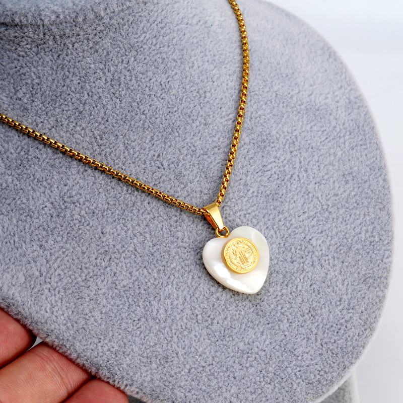 Retro Virgin Mary Heart Shape Titanium Steel Inlay Shell Pendant Necklace
