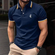 新款男士时尚商务休闲个性拼接撞色条纹印花时尚休闲短袖T恤Polo