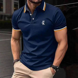 New Men's Fashion Business Casual Personality Stitching Contrast Color Stripe Print Fashion Casual Short Sleeve T-Shirt Polo