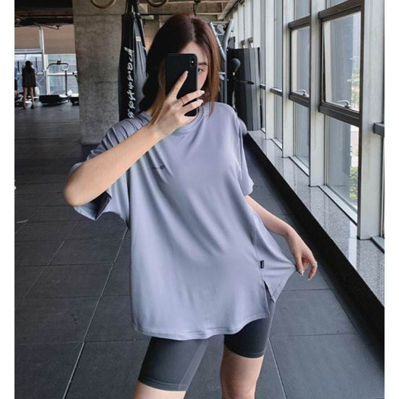 瑜伽装夏季短袖宽松胖妹妹大码健身服中长款遮臀户外运动跑步套装