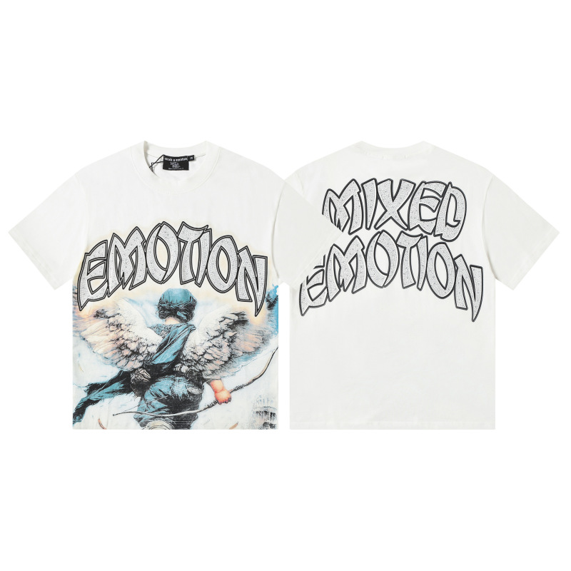 Cross-Border Eixed Emotion Rhinestone Print American Hip-Hop West Coast Street Retro Loose-Fitting Unisex T-Shirt