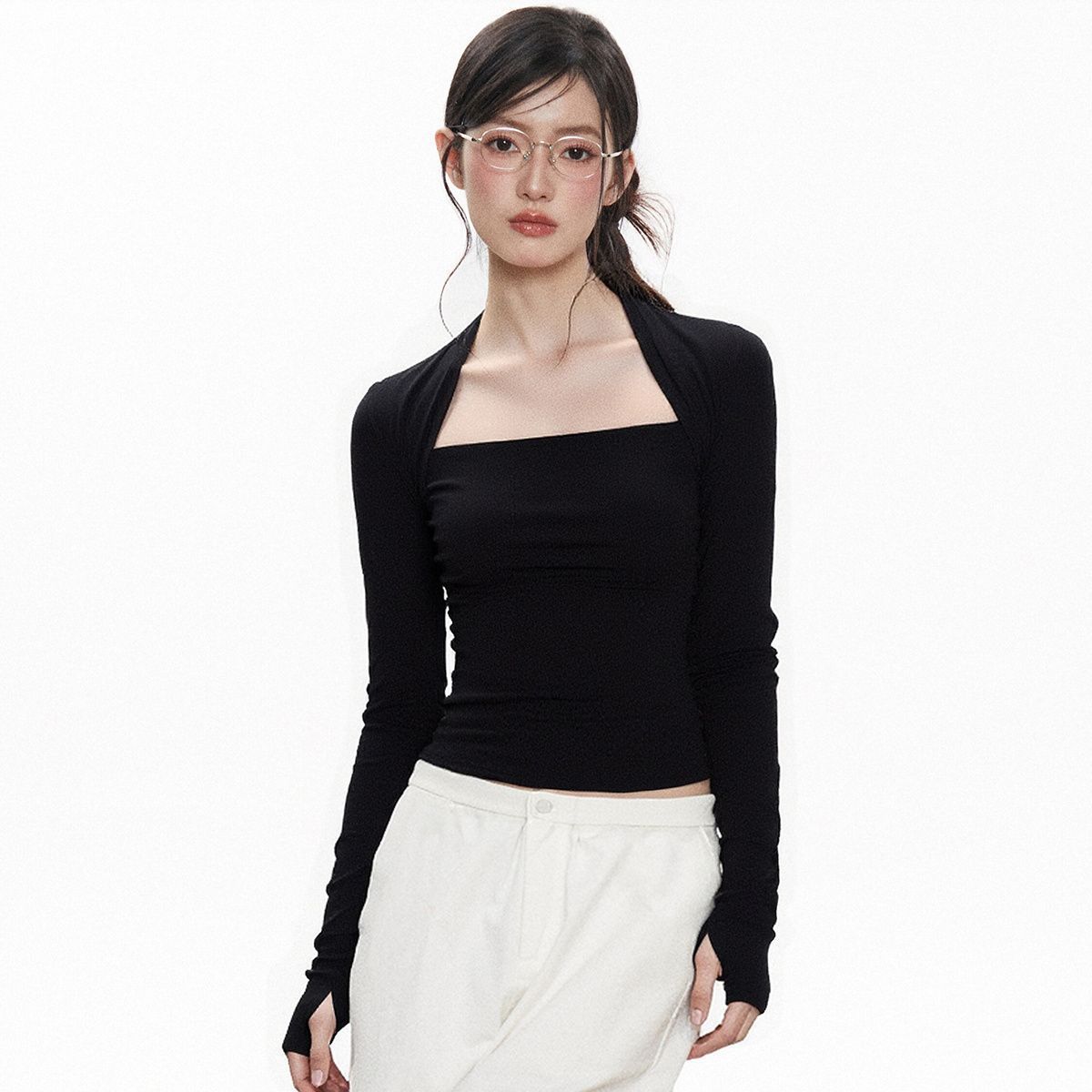 Modal Black T-Shirt Square Neck Long-Sleeved Bottoming Shirt for Women Early Autumn Design Slim Waist Inner Short Top