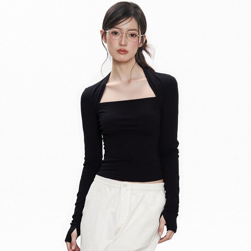 Modal Black T-Shirt Square Neck Long-Sleeved Bottoming Shirt for Women Early Autumn Design Slim Waist Inner Short Top Modal Black T-Shirt Square Neck Long-Sleeved Bottoming Shirt for Women Early Autumn Design Slim Waist Inner Short Top