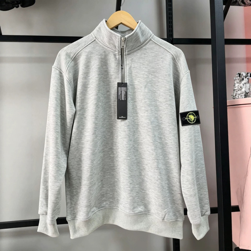 Cross-border Stone Island Spring/Autumn New Collection Compass Emblem Half-Zip Pullover, Solid Color, Terry Fabric, Round Neck, Loose Fit