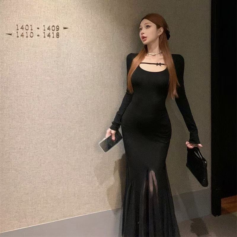 黑色鱼尾连衣裙女秋季修身显瘦包臀裙法式小众设计感绝美网纱长裙|undefined