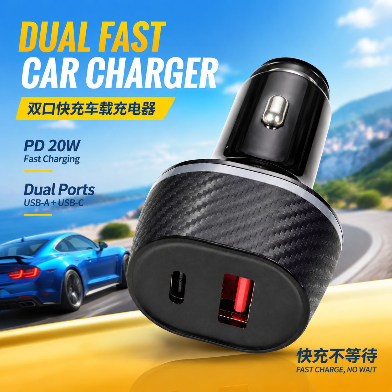 Car charger 54W dual-port fast charging USB-A+Type-C cigarette lighter power supply 12V/24V