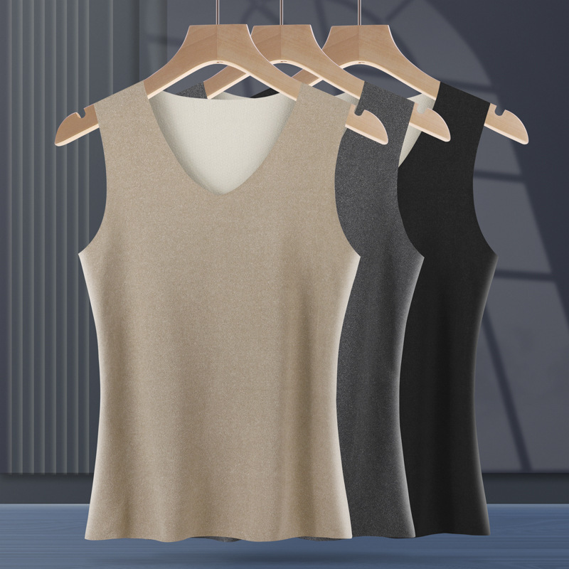 秋冬双面磨毛发热德绒保暖背心男 无痕V字领纯色男士打底保暖马甲|ru