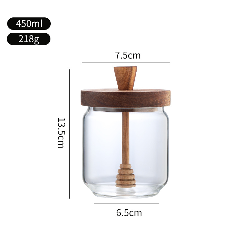 Tanque de almacenamiento de madera de acacia, tanque de miel, barra de mezcla transparente con tapa de borosilicato, tanque de vidrio sellado de almacenamiento de cocina