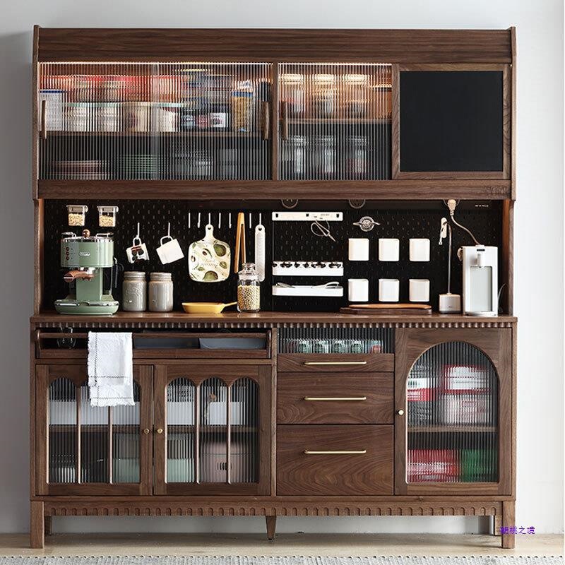 Nordic-style solid wood sideboard, wall-mounted tall cabinet, living room and dining room combination, perforated panel storage cabinet, black walnut bowl cabinet