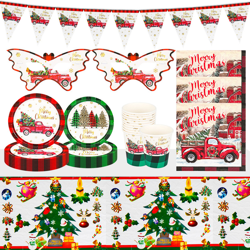 Cross-Border Christmas Theme Red and Green Plaid Christmas Car Disposable Tableware Set Paper Plate Party Decoration Supplies