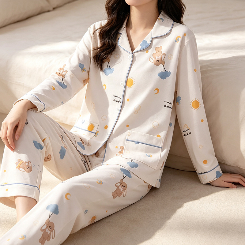 Sweet and gentle style pajamas for women, spring and autumn open-front long-sleeve cotton-like set, comfortable and casual women's loungewear