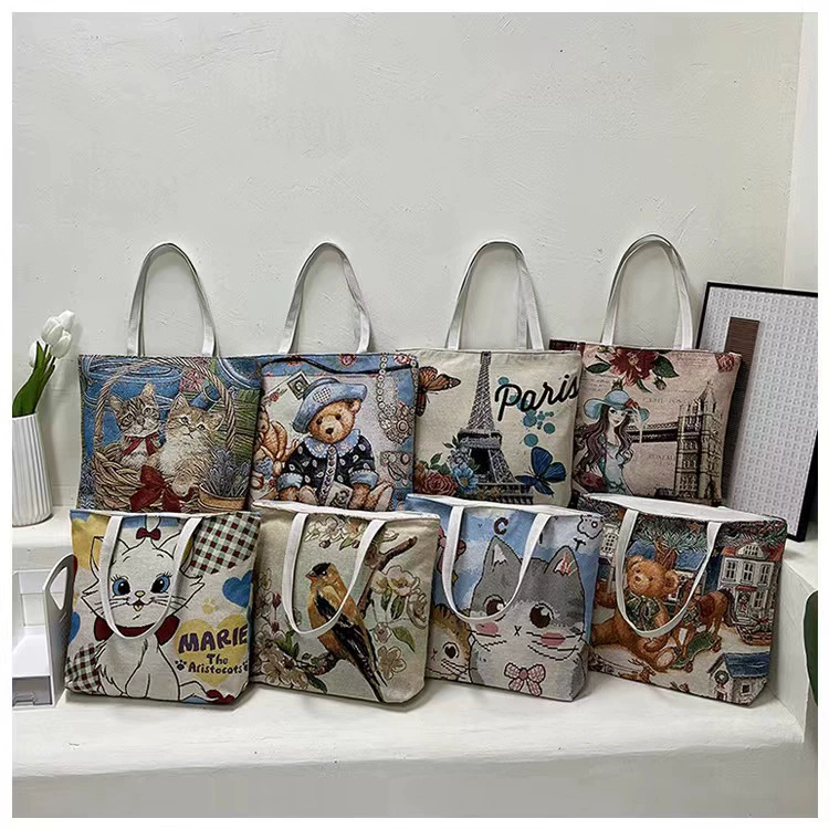 Трансграничная осенняя новая ретро-оранжевая кошка, ценная вышитая двусторонняя прогулочная сумка на плечо большой емкости на молнии