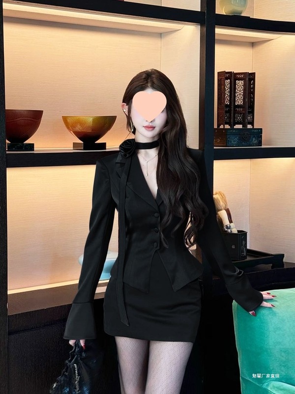 感辣妹紫色气质缎面小西装女秋季新款百搭包臀短裙子两件套装|undefined