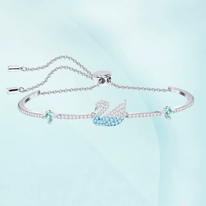 Браслет Swarovski swan, голубой свежий корейский стиль, с лебедем и кристаллами, с регулируемой застёжкой