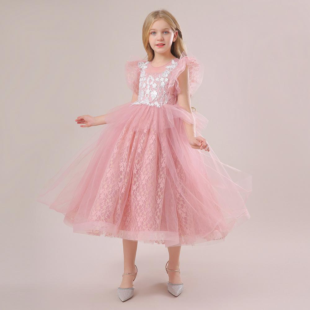 Nuevo vestido para niños Vestido de princesa Vestido de boda de malla para niños medio y grande Vestido largo pettiskirt pequeño vestido de manga voladora