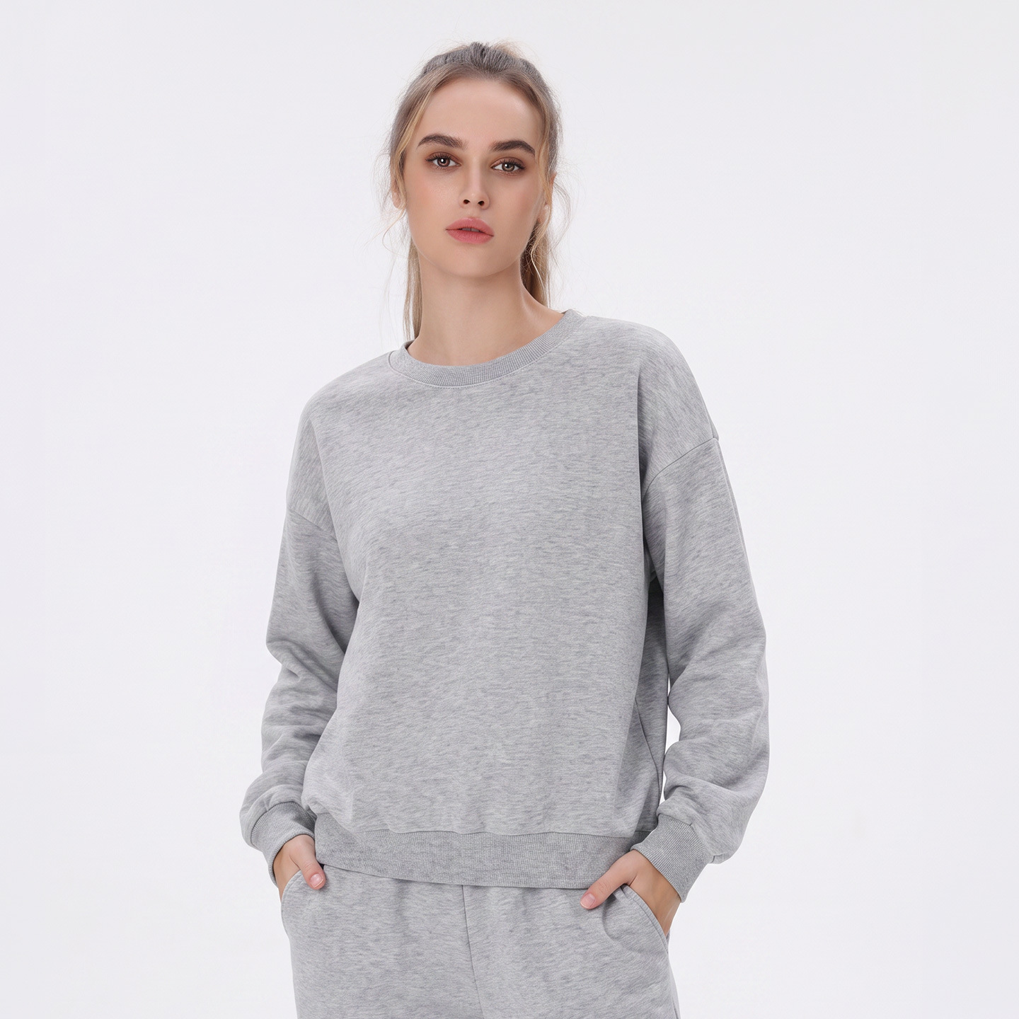 26 Autumn/Winter Women's Hoodless Sweatshirt for Casual Running and Fitness, Round Neck Long Sleeve Yoga Top with Drop Shoulders