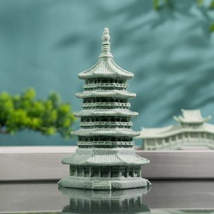 Green Sandstone Leifeng Pagoda Ornaments Rockery Fish Tank Micro Landscape Water and Land Tank Bonsai Flowing Water Decoration Antique Home Furnishings